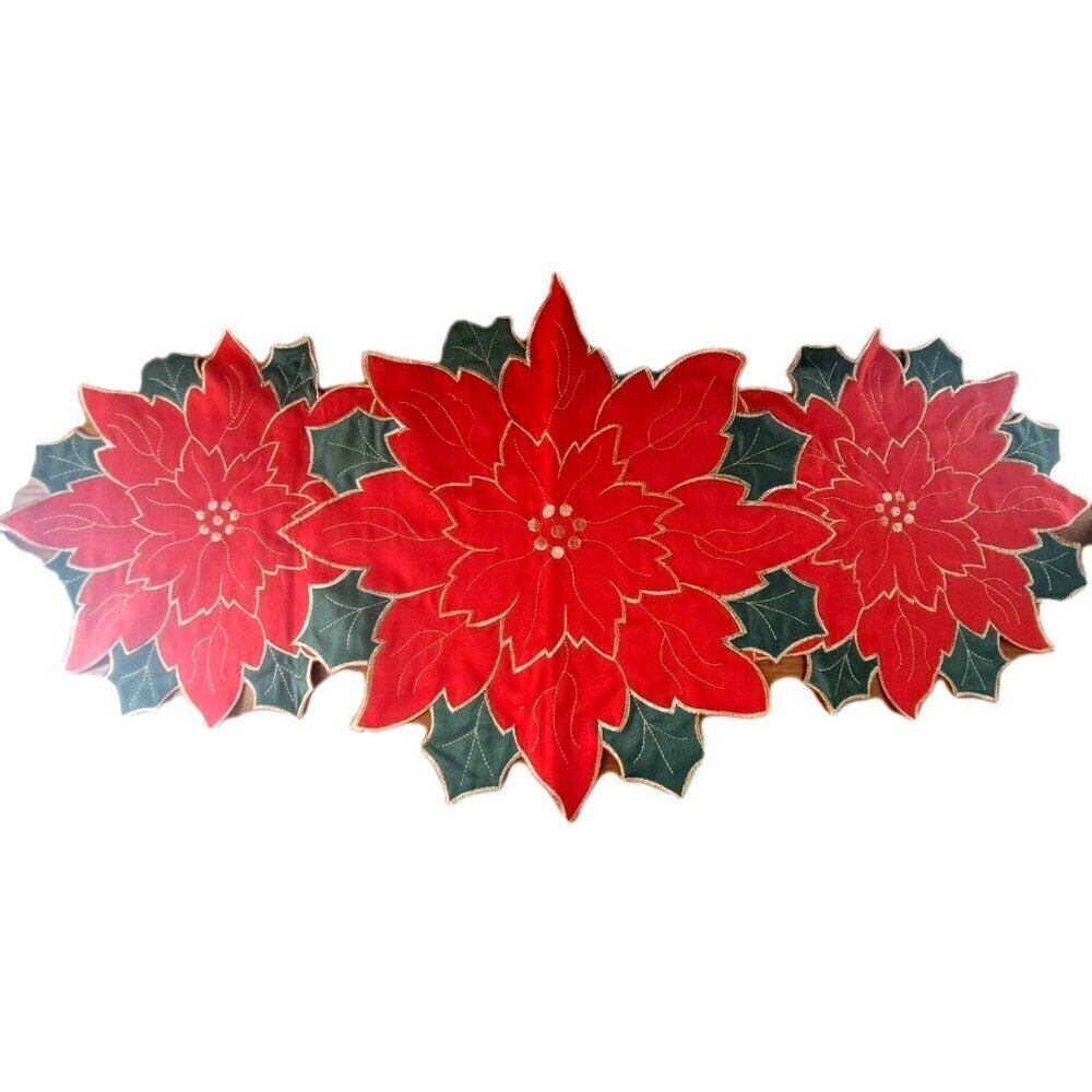 Unbranded Poinsettia & Holly 31" Table Runner Holiday Christmas Red Green Gold